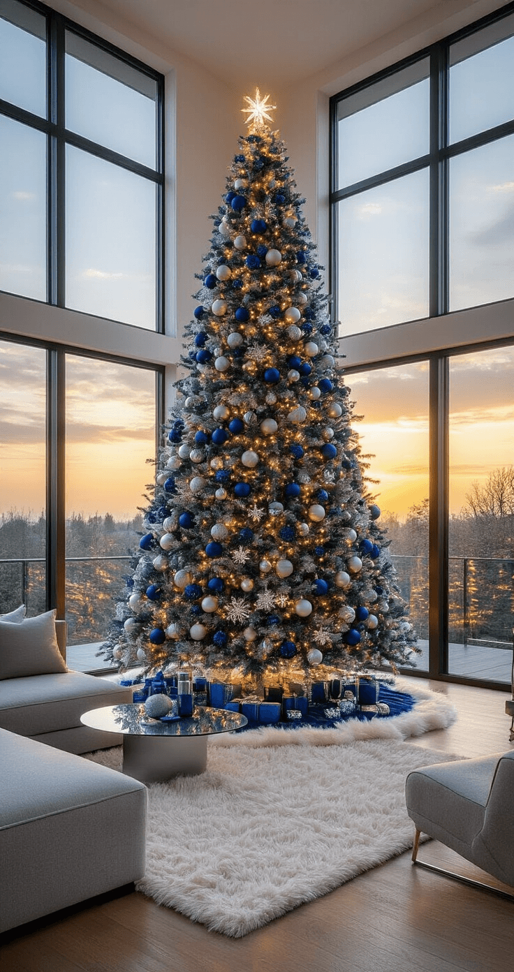 A spacious modern living room at golden hour, featuring a tall blue and silver Christmas tree adorned with ornaments, surrounded by warm amber light streaming through large windows, complemented by a contemporary gray sectional sofa and reflective hardwood floors.