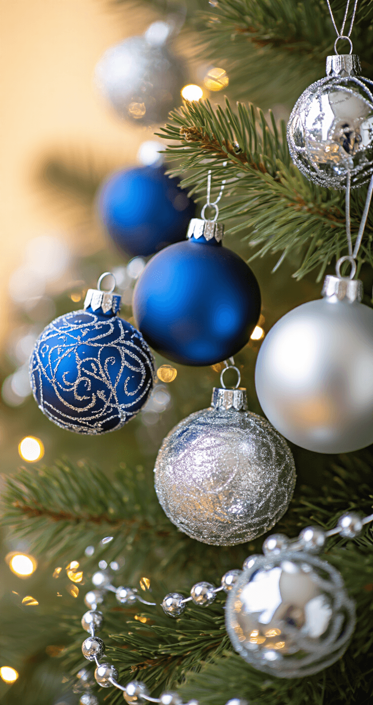 Close-up macro shot of blue and silver Christmas ornaments on lush green branches, showcasing intricate details and textures, with warm evening lighting and a dreamy bokeh effect.