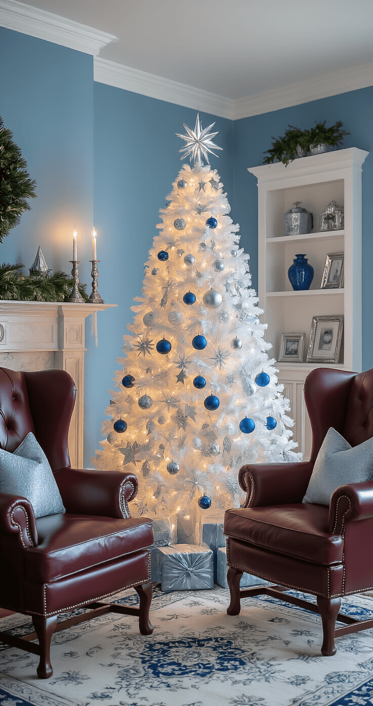 Elegant traditional living room with a 6-foot flocked white Christmas tree adorned in blue and silver decorations, warm white LED lights, burgundy leather wingback chairs, a marble fireplace, and a Persian rug, all accentuated by soft shadows and cozy lighting during twilight.