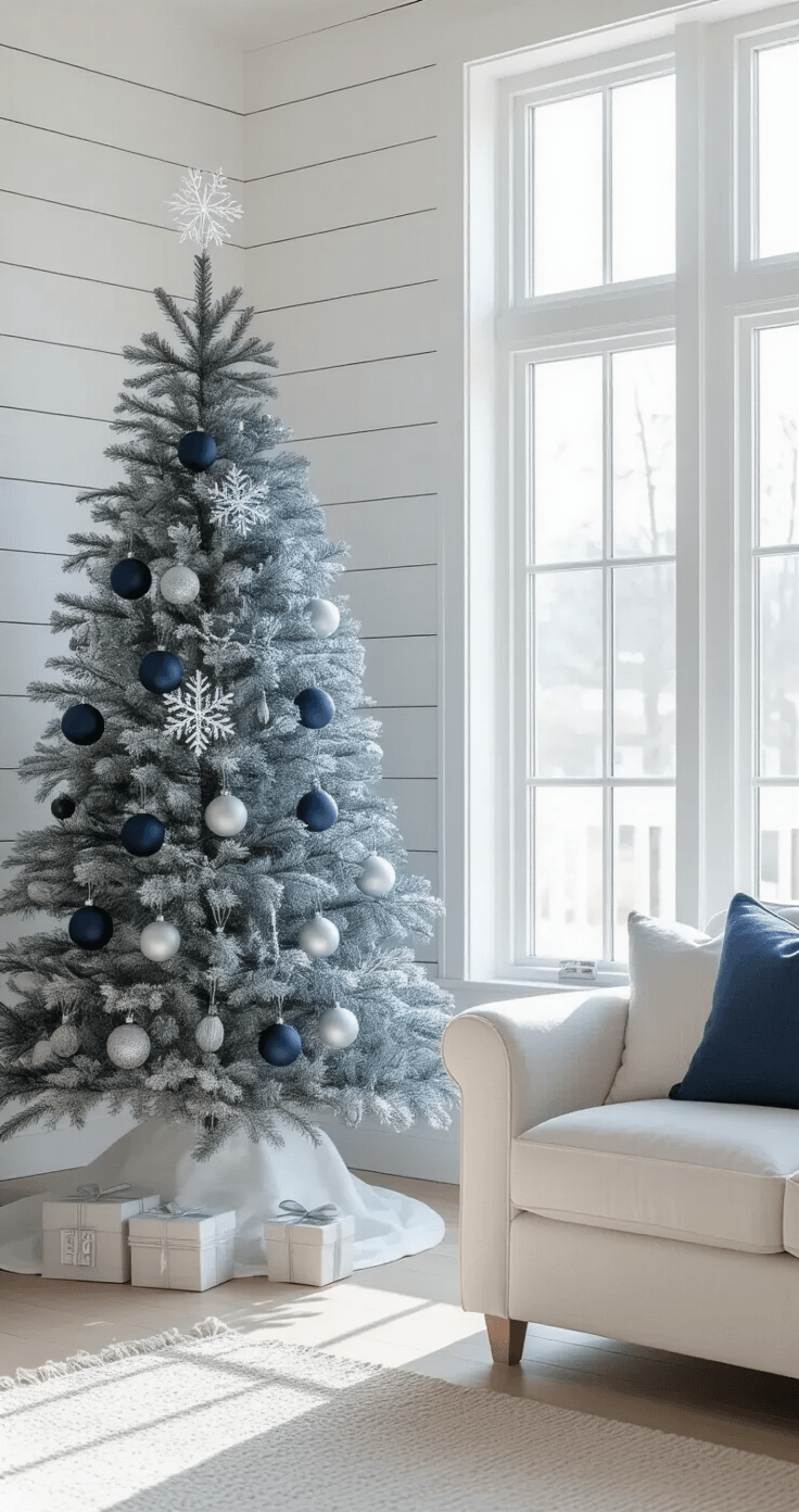 A minimalist Scandinavian living room featuring a 7-foot slim blue and silver Christmas tree against white shiplap walls, with white oak floors and a natural linen sofa, illuminated by crisp morning light. The tree is adorned with oversized matte navy spheres, small silver bells, and three statement crystal snowflakes, in a simple white ceramic tree pot. Floor-to-ceiling windows allow natural light to flood the space, creating a serene winter atmosphere with a neutral color palette.