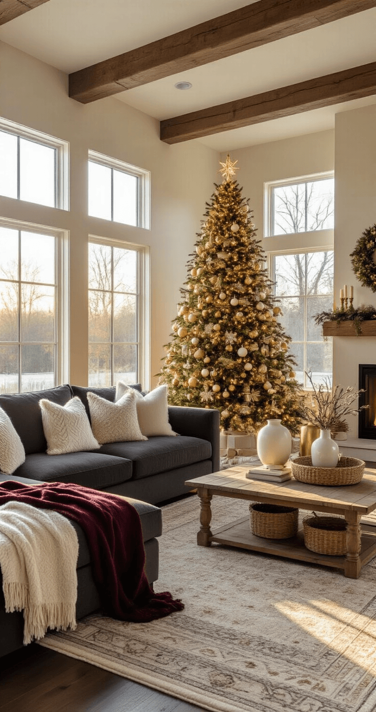 A cozy living room corner during golden hour with a 7-foot Christmas tree decorated in gold and white ornaments, a charcoal sectional sofa with ivory pillows and a burgundy blanket, and warm sunlight illuminating the room's cream walls and dark hardwood floors.
