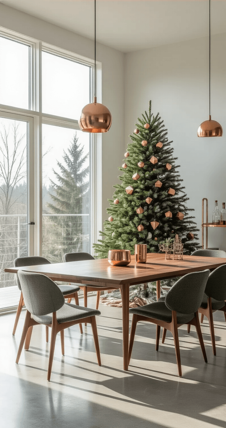 A modern minimalist dining room with a sleek Christmas tree adorned with flat geometric ornaments in rose gold and sage green, featuring floor-to-ceiling windows, polished concrete floors, and a live-edge walnut dining table surrounded by charcoal Danish modern chairs.