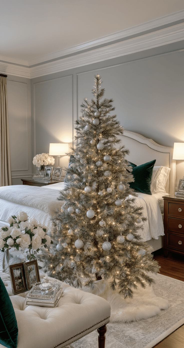 Luxury master bedroom at twilight featuring an elegant tabletop Christmas tree with silver ornaments, a king-size upholstered bed, mahogany nightstands, and rich textiles, all illuminated by warm bedside lamps and blue hour lighting.