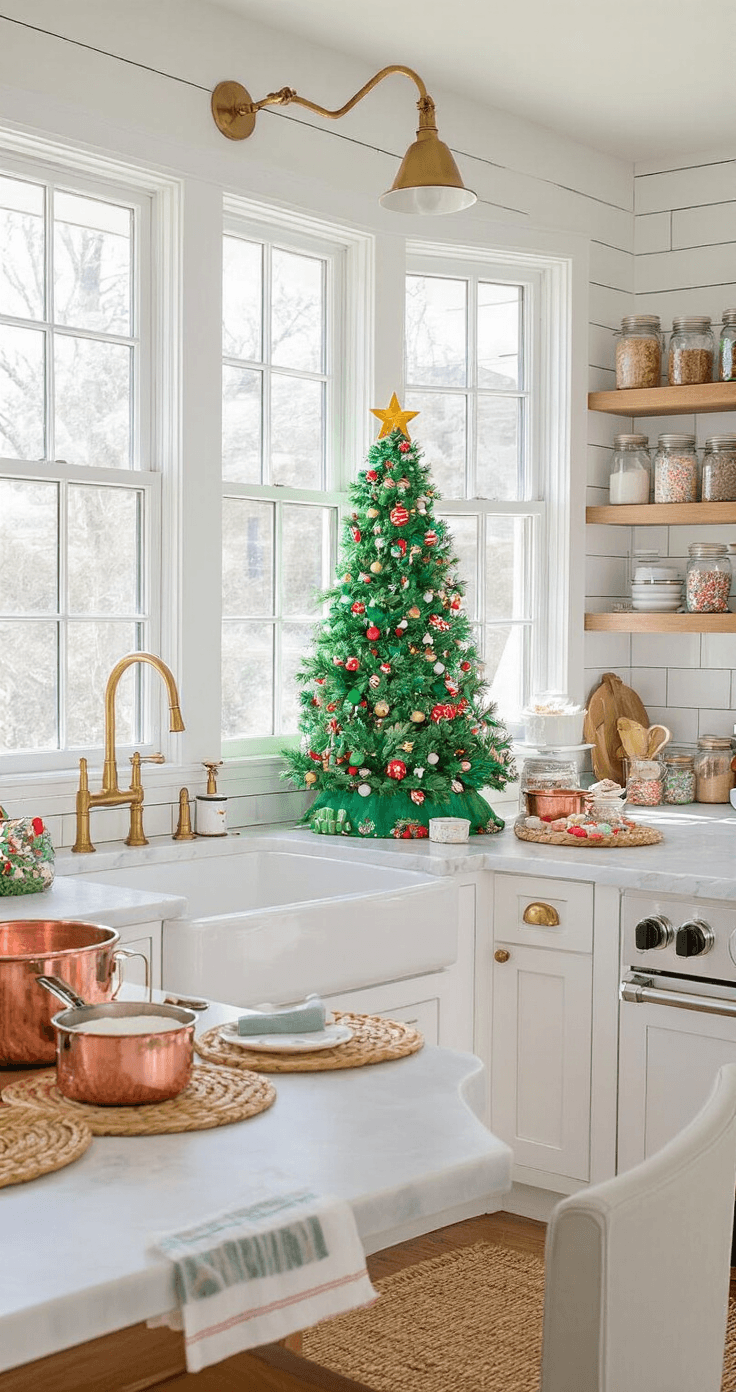 A bright farmhouse kitchen adorned with a whimsical cartoon-style Christmas tree, featuring marble countertops, brass hardware, and a large center island filled with holiday baking supplies, all illuminated by morning sunlight streaming through three casement windows.