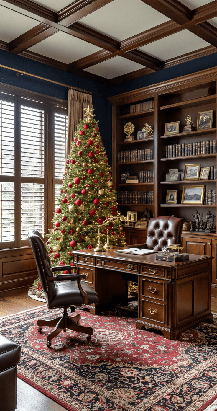 Sophisticated home office with a realistic Christmas tree adorned in red and gold, featuring walnut bookcases, coffered navy ceiling, and a leather executive chair at an antique mahogany desk, enhanced by warm lighting and rich textures.