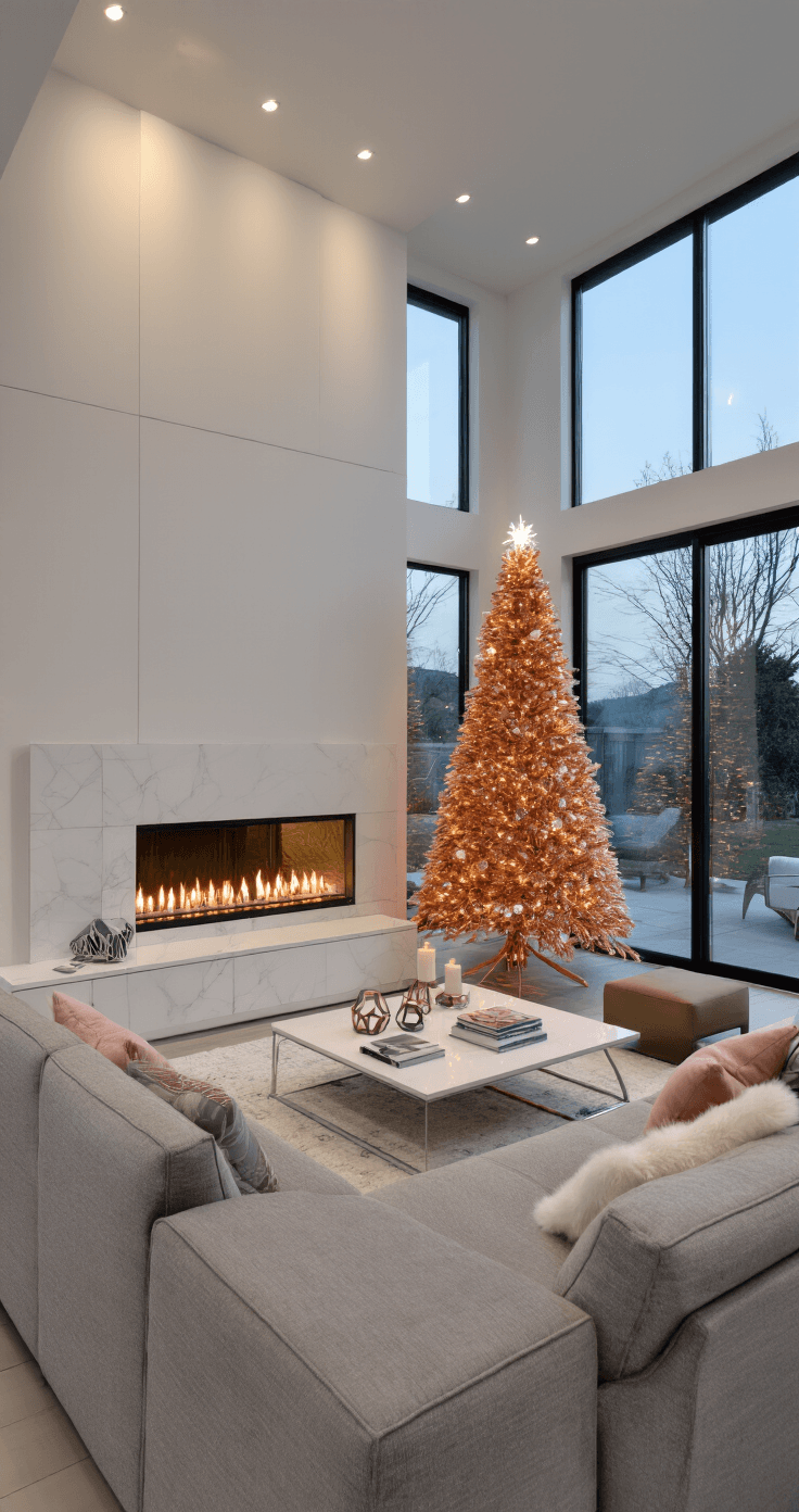 A contemporary family room at dusk featuring a minimalist Christmas tree in copper and white, with a linear gas fireplace, gray sectional sofa, and styled coffee table, illuminated by ambient lighting and string lights outside.