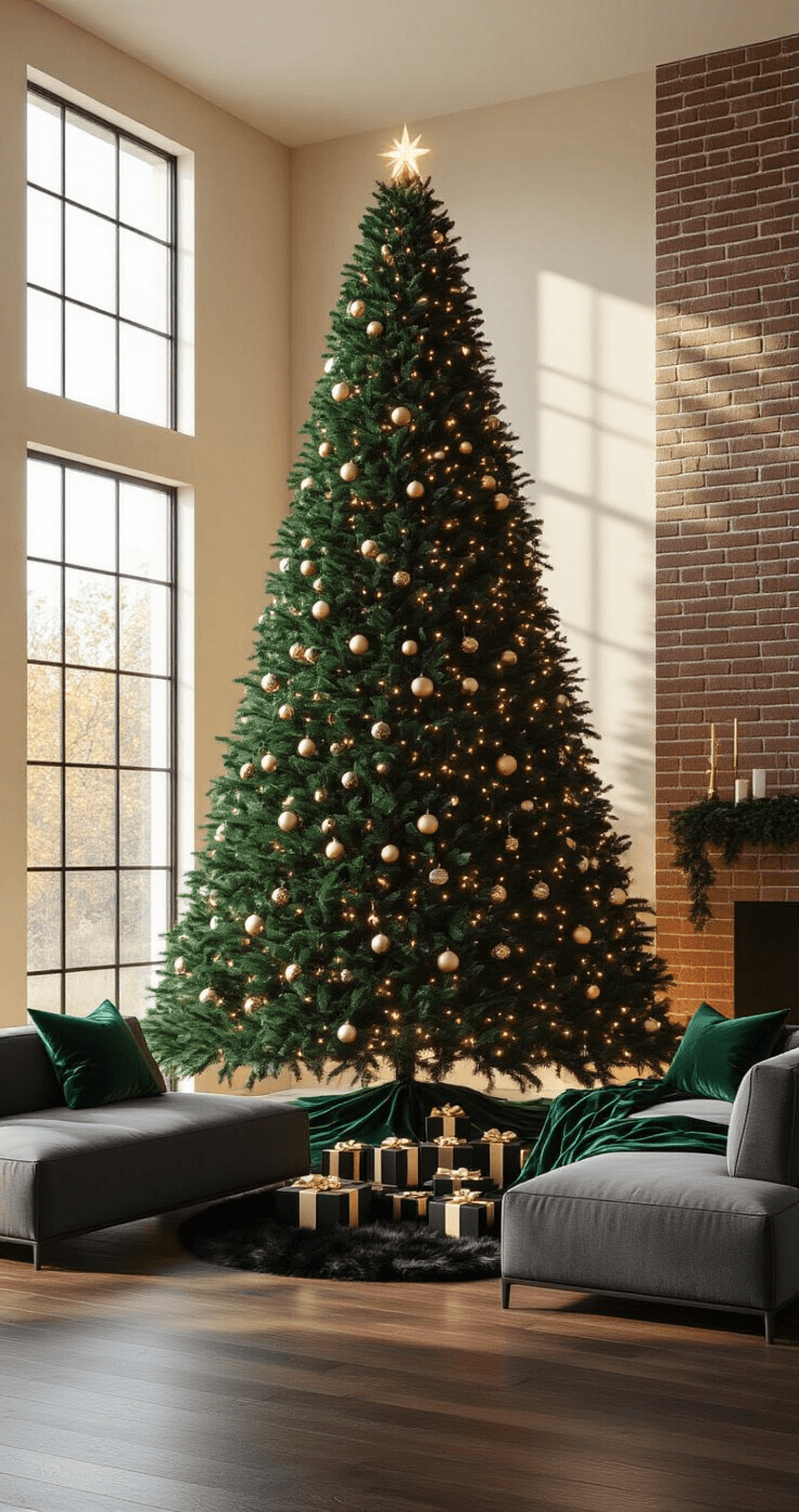 A luxurious modern living room with a matte black Christmas tree adorned with emerald green ribbons and gold ornaments, warm afternoon light streaming through tall windows, dark hardwood floors, and a gray sectional sofa with emerald pillows, all set against cream-colored walls and an exposed brick accent wall.