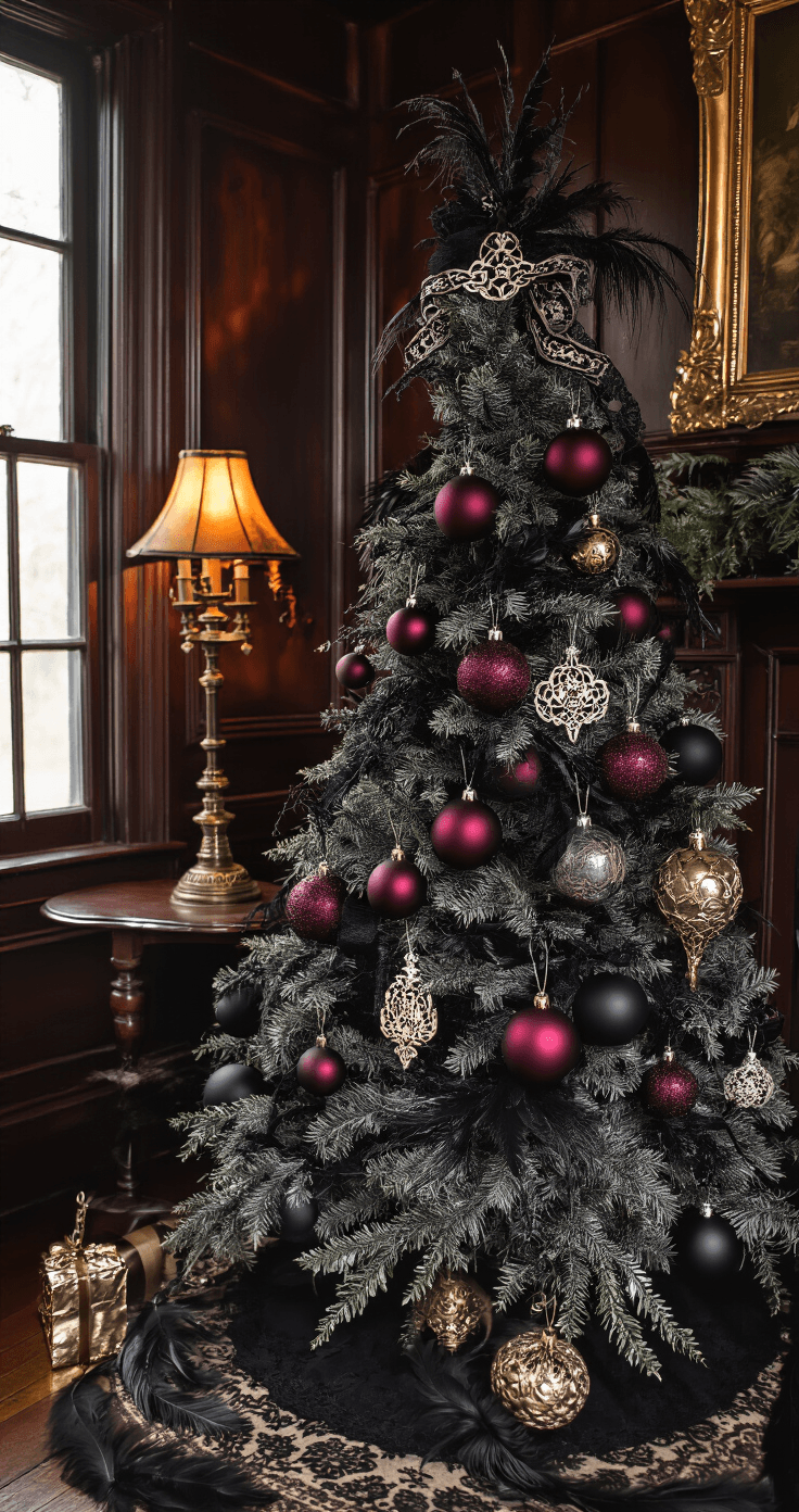 Intimate close-up of a Gothic chic Christmas tree in a Victorian-inspired study, featuring a black flocked tree adorned with deep burgundy ornaments, ornate silver decorations, and black lace ribbon, illuminated by warm amber light from a table lamp, casting dramatic shadows among leather-bound books and crystal decanters.