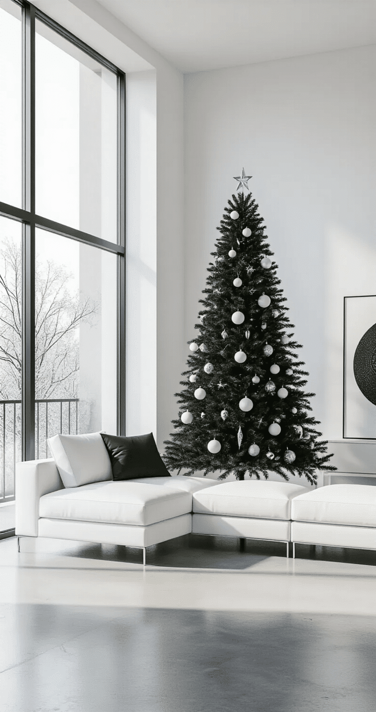 Modern minimalist living room featuring a sleek black Christmas tree adorned with white matte ornaments and chrome accents, set against white walls, with daylight streaming through large windows, and a polished concrete floor reflecting the simple color palette.
