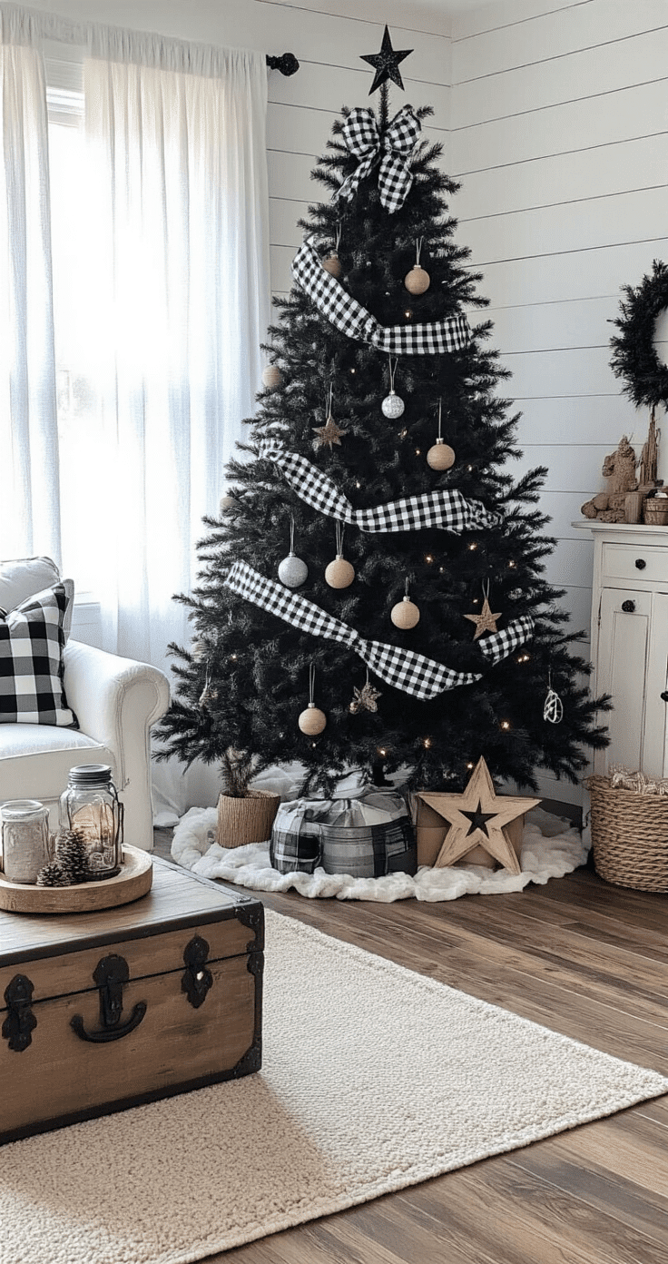 Cozy farmhouse living room featuring a striking black Christmas tree adorned with buffalo check ribbon and rustic decorations, illuminated by soft morning light through sheer curtains, with distressed white furniture and vintage accents creating a harmonious Gothic farmhouse fusion aesthetic.