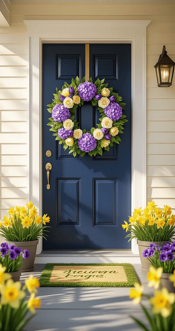 A glossy navy blue front door adorned with a classic floral Easter wreath featuring lavender hydrangeas, cream roses, and purple tulips, set against rich wood grain. Golden morning light filters across a covered porch with cream-painted siding, highlighting coordinating planters with bright yellow daffodils and purple pansies. A sage green spring-themed doormat is centered at the entrance, captured in a warm, inviting professional real estate photography style.