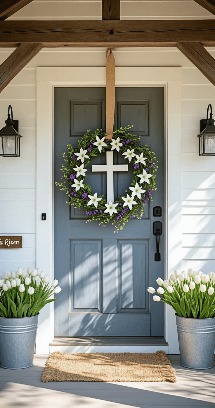 A rustic farmhouse entrance featuring a grapevine Easter wreath with a white wooden cross centerpiece, surrounded by white lilies and purple accents, set against a distressed gray-blue barn-style door and white shiplap siding, illuminated by soft afternoon light.