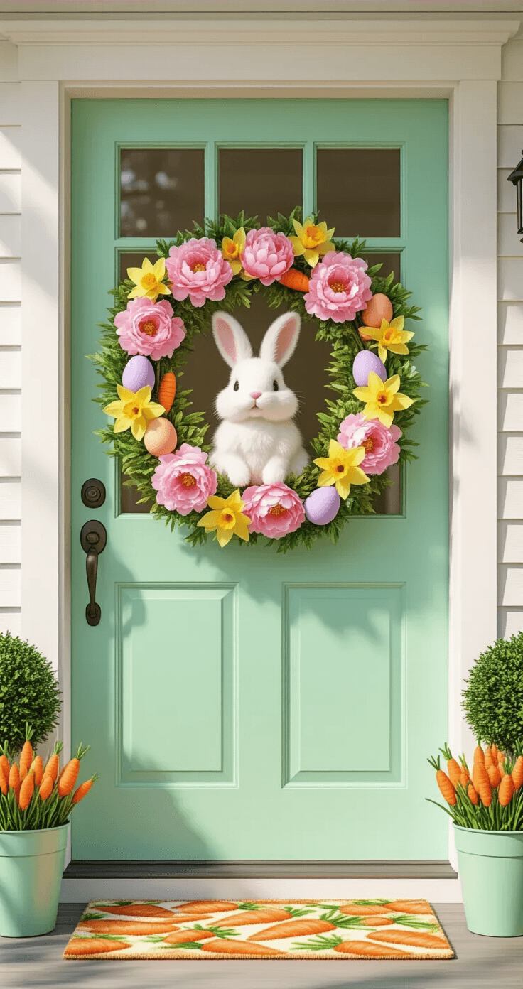 A mint green cottage-style front door adorned with a whimsical bunny-themed Easter wreath featuring a fluffy white bunny among pink peonies and colorful eggs, flanked by potted topiaries and a playful carrot-patterned doormat, all illuminated by bright spring light.