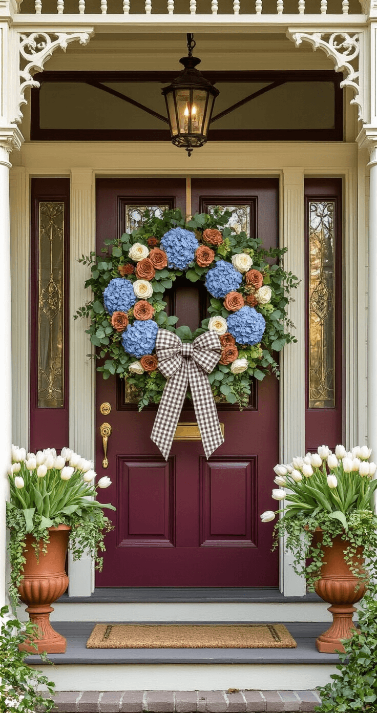 An elegant Victorian-era front entrance with a deep burgundy door adorned by a large Easter wreath featuring blue hydrangeas, green eucalyptus, terracotta roses, and cream ranunculus, accented by a navy and cream gingham bow. Late afternoon sunlight illuminates the wraparound porch's ornate architecture and blooming terracotta urns filled with white tulips and trailing ivy.