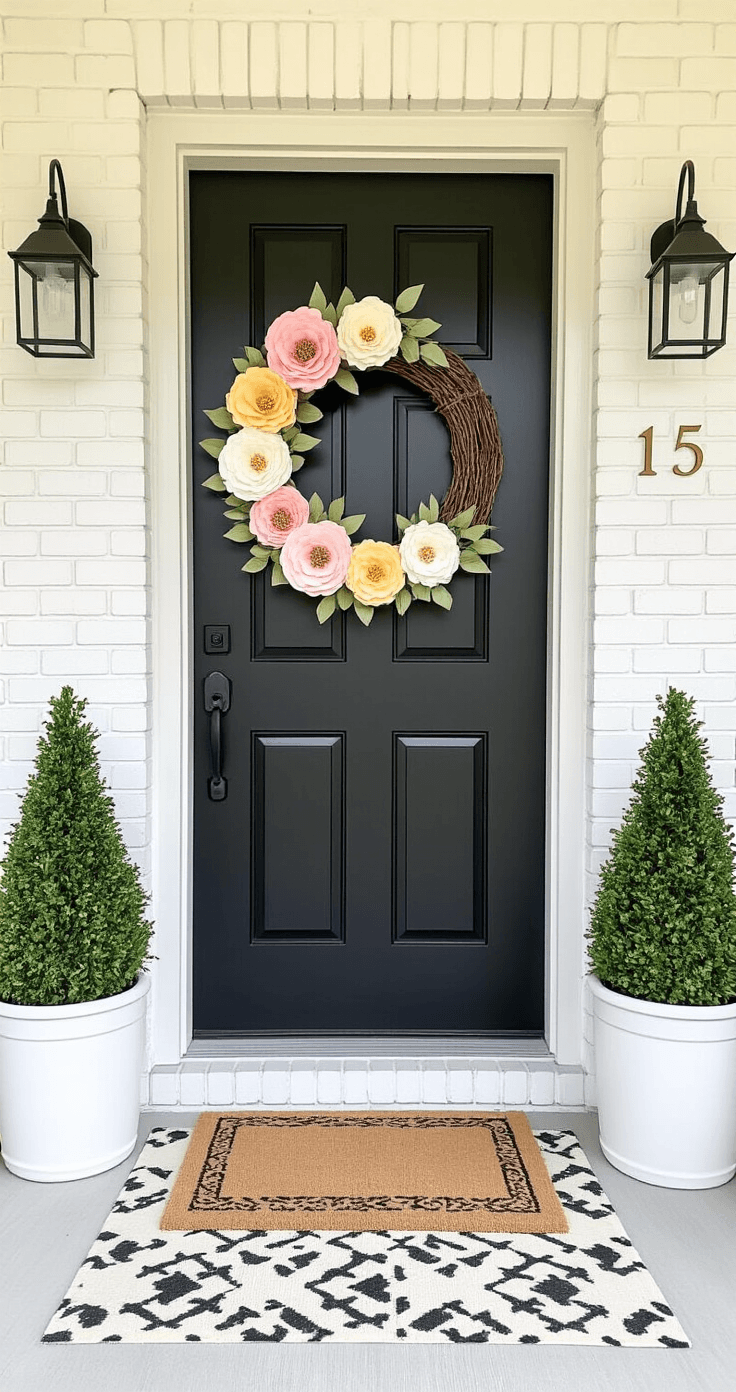A modern farmhouse entryway featuring a DIY paper flower Easter wreath on a matte black front door, surrounded by white brick walls, black metal accents, and simple planters with boxwood topiaries.
