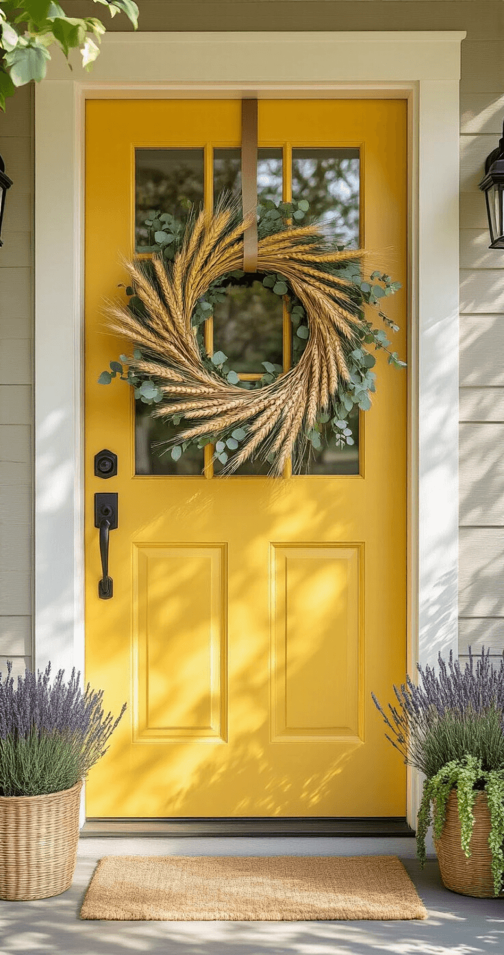 A cheerful yellow bungalow front door adorned with a 22-inch Easter wreath made of dried wheat, eucalyptus, and silk flowers in dusty blue and sage green, surrounded by dappled sunlight filtering through oak trees. The porch features craftsman-style columns, woven basket planters with lavender and string of pearls succulents, and a cream natural fiber doormat, all enhanced by a deep sage green velvet ribbon.