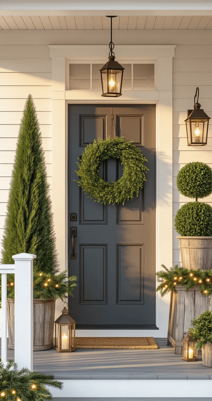 Photorealistic winter front porch featuring a charcoal gray door with a mixed evergreen wreath, flanked by a tall Italian cypress and shorter boxwood topiary in mismatched planters. Warm golden hour light casts shadows on cream porch boards, illuminated by battery-operated lanterns and draped garland with string lights, while natural pinecones add charm to the scene on a gray wool outdoor rug.