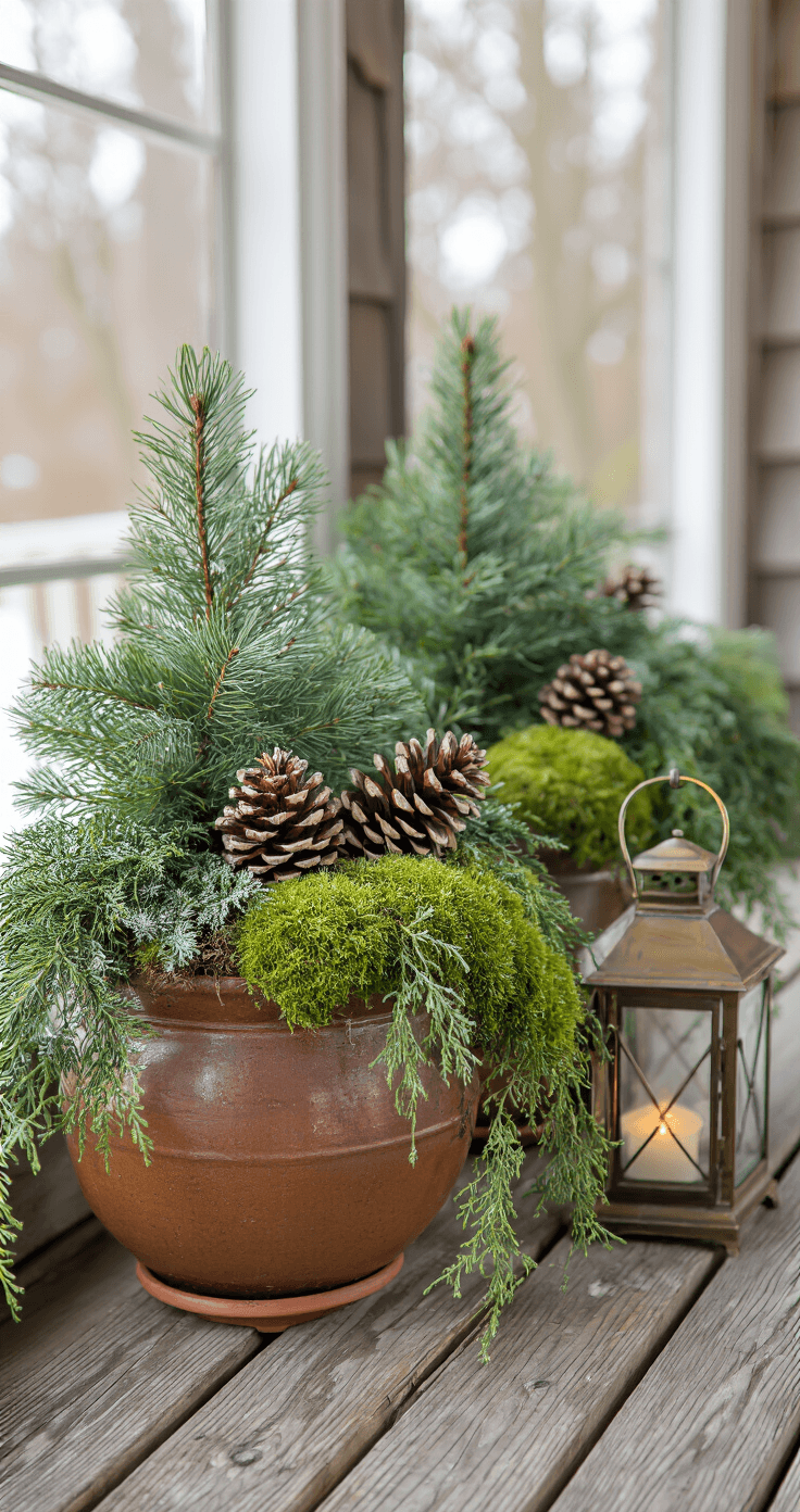 Close-up of winter porch planters featuring tall pine boughs, cedar sprigs, and dogwood stems, illuminated by soft morning light; includes pinecones and a vintage brass lantern, capturing rich textures and an intimate aesthetic.