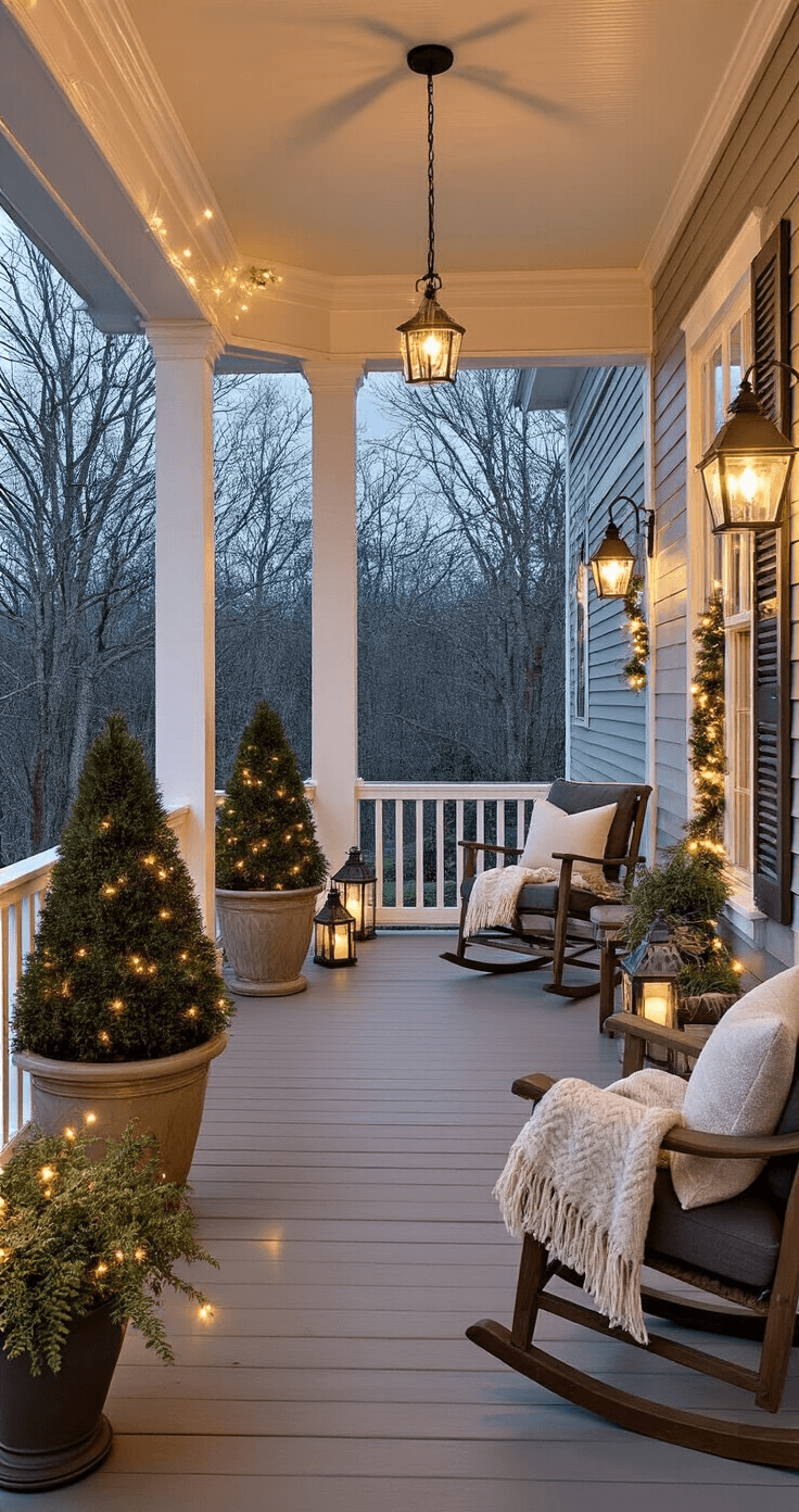 A wide-angle winter porch scene at dusk, featuring a wraparound covered porch adorned with oversized potted evergreens, cozy vintage rocking chairs with throw blankets, and warm white-lit garlands along the railings, creating a sophisticated palette of forest greens, warm grays, and natural wood tones, illuminated by string lights and lanterns casting golden light on the porch boards.