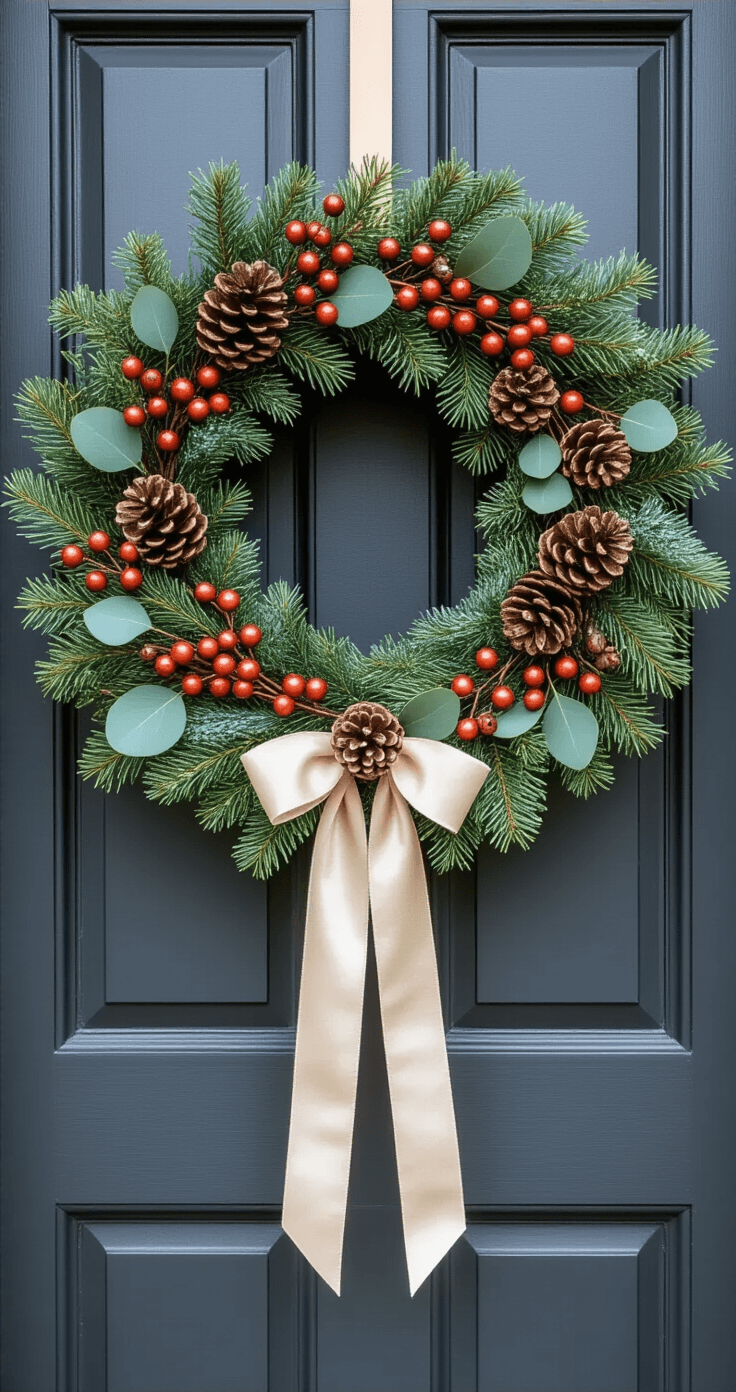 Detail shot of an elegant winter wreath made from mixed evergreens, copper-finished berry stems, and pinecones, hanging on a charcoal front door with a cream velvet ribbon, showcasing intricate textures in soft overcast light.