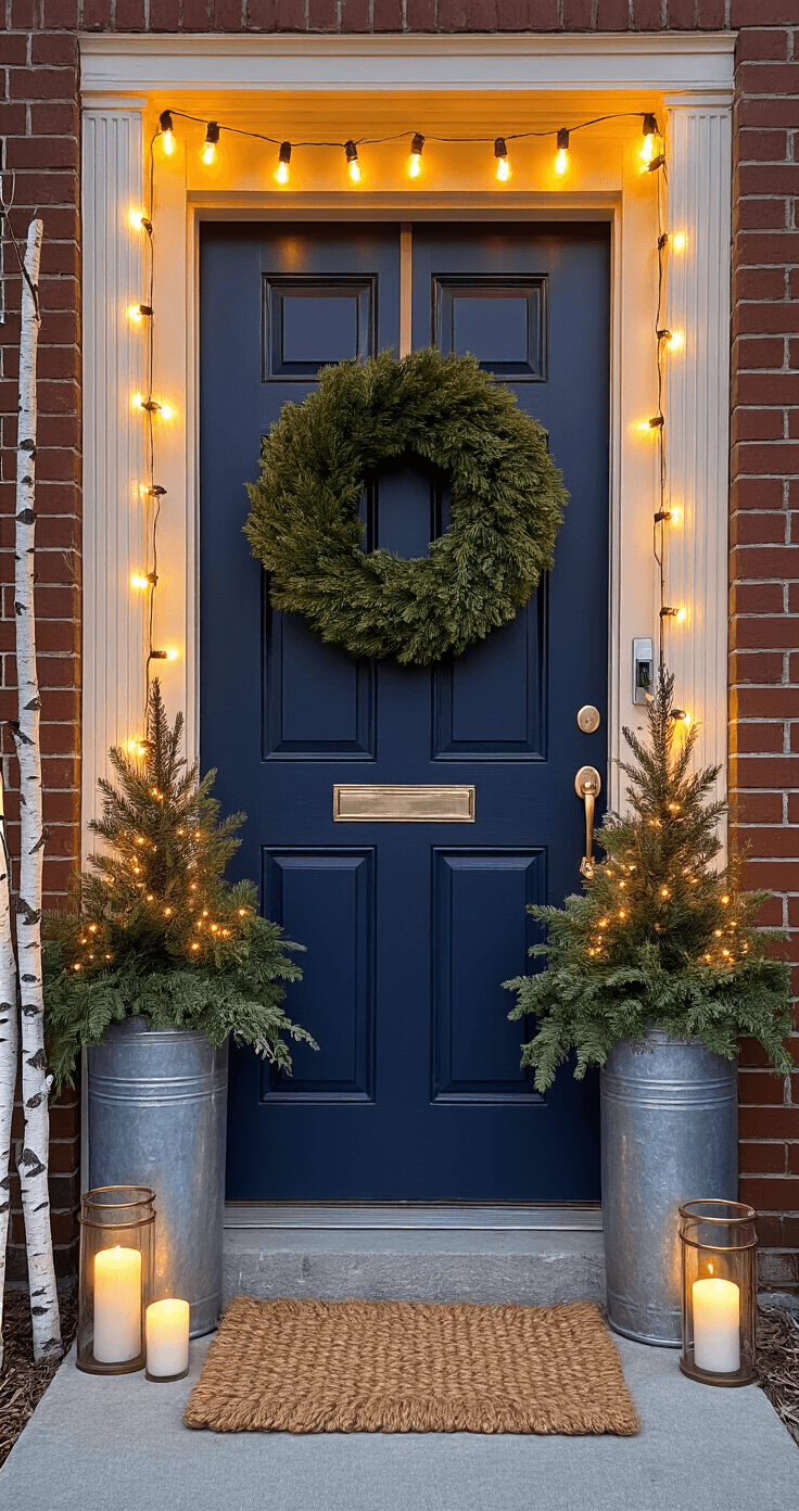 A beautifully styled urban front stoop during golden hour, featuring a large evergreen wreath on a navy blue door, tall galvanized metal planters with pine boughs and ivy, warm Edison bulb string lights, a textured jute doormat, clustered pillar candles in glass hurricanes, and foraged birch branches against the wall, all captured at eye level.