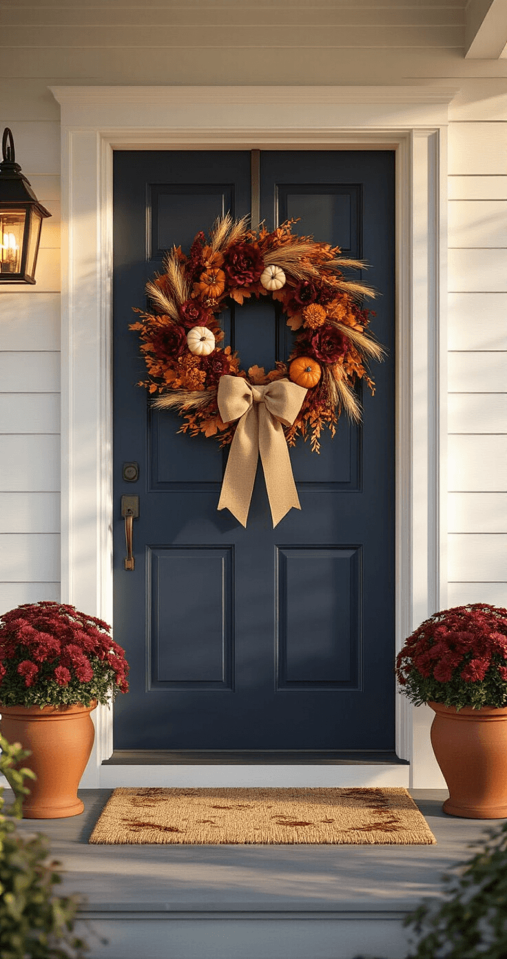 Photorealistic image of a navy blue front door adorned with a 22-inch autumn wreath, featuring burnt orange and burgundy flowers, mini pumpkins, and a burlap bow, flanked by terra cotta planters with burgundy mums, set against white clapboard siding at golden hour.