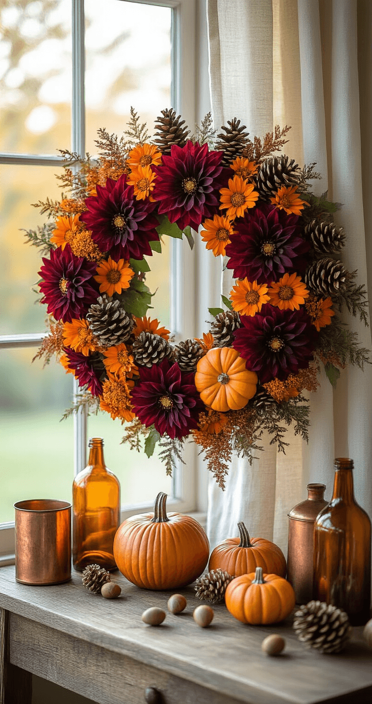 A close-up of a harvest abundance wreath featuring burgundy dahlias, burnt orange marigolds, orange pumpkins, and pinecones on a rustic wooden console table, near a large window with soft morning light.