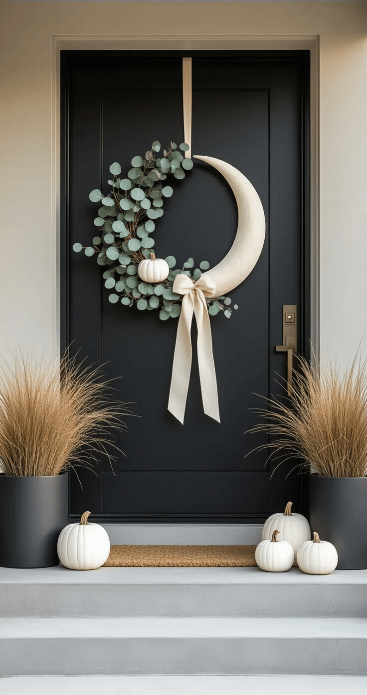 Minimalist autumn entrance featuring a modern crescent moon-shaped wreath on a black front door, accented with preserved eucalyptus, white ceramic pumpkins, and cream linen ribbon, accompanied by smooth concrete steps and geometric planters with ornamental grasses.