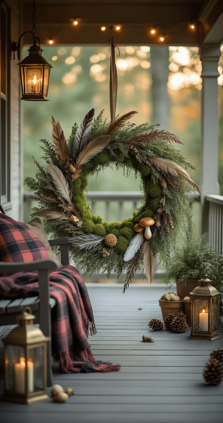 A whimsical woodland wreath made of moss, feathers, dried mushrooms, and sage hangs on a cozy porch, surrounded by vintage brass lanterns, a wooden bench with plaid throws, and scattered pinecones, all softly illuminated by warm string lights.