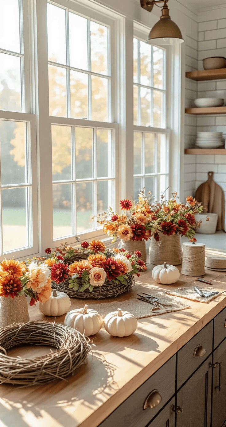 Aerial view of a farmhouse kitchen island crowded with wreath-making supplies, including grapevine bases, autumn-hued silk florals, burlap ribbon, and foam pumpkins, illuminated by bright morning light. Tools like floral wire and hot glue guns are arranged alongside partially assembled wreaths, capturing the creative process in a warm, inviting setting.