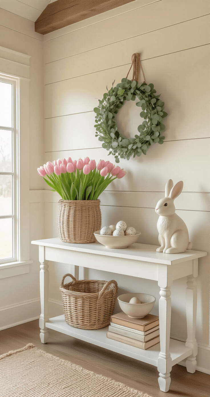 A cozy farmhouse entry foyer illuminated by warm morning light, featuring cream shiplap walls, an 8-foot exposed beam ceiling, and rustic wood floors. A white console table displays a wicker basket of pink tulips, a bowl of speckled eggs, an ivory bunny figurine, vintage books, and a botanical print. Soft light filters through frosted glass, and an Easter wreath adorns the front door, creating a welcoming and elegant atmosphere.