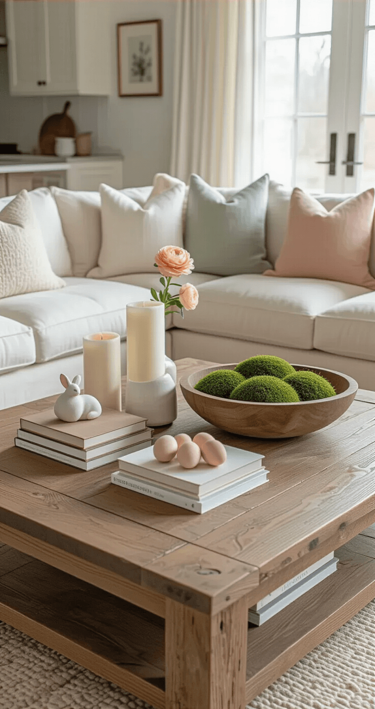 Photorealistic modern farmhouse living room with a large reclaimed wood coffee table, cream linen sectional sofa adorned with Easter-themed throw pillows, a wooden dough bowl filled with moss and painted eggs, white pillar candles, and a single peach ranunculus in a bud vase, all illuminated by soft afternoon light filtering through white curtains. Warm oak floors and a glimpse of a kitchen with a subway tile backsplash enhance the cozy, elegant atmosphere.
