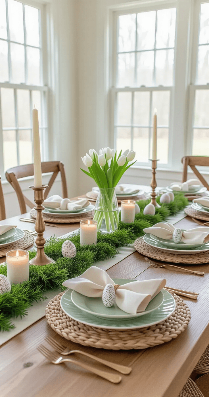 Photorealistic Easter dining table setup featuring an 8-foot oak table with a eucalyptus and moss runner, scattered speckled eggs, ivory votive candles, and glass bud vases with white tulips. Layered place settings include woven placemats, white and sage green plates, and linen napkins in bunny folds. Wooden eggs serve as place cards with handwritten gold names, alongside tall brass candlesticks with white tapers. The scene is illuminated by natural morning light, set in an elegant yet approachable traditional dining room with hardwood floors and cream walls.