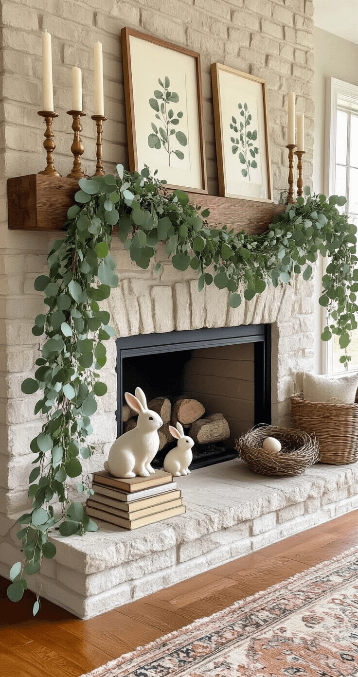 Photorealistic cozy living room featuring a rustic wooden mantel with an asymmetrical spring arrangement, fresh eucalyptus garland, brass candlesticks, ceramic bunnies, a bird nest with eggs, and vintage books, set against a white-painted exposed brick fireplace; soft afternoon light enhances the warm ambiance on wood floors and a vintage Persian rug, with botanical prints leaning in the background.
