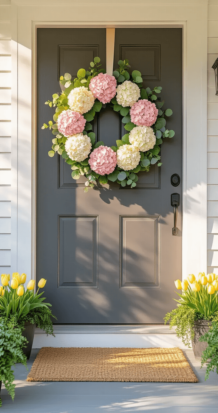 A charming front porch at golden hour, featuring a charcoal gray door adorned with a large spring wreath of blush pink hydrangeas and white peonies, accompanied by a natural fiber doormat and planters of yellow tulips and trailing ivy, with soft sunlight casting gentle shadows on white clapboard siding.