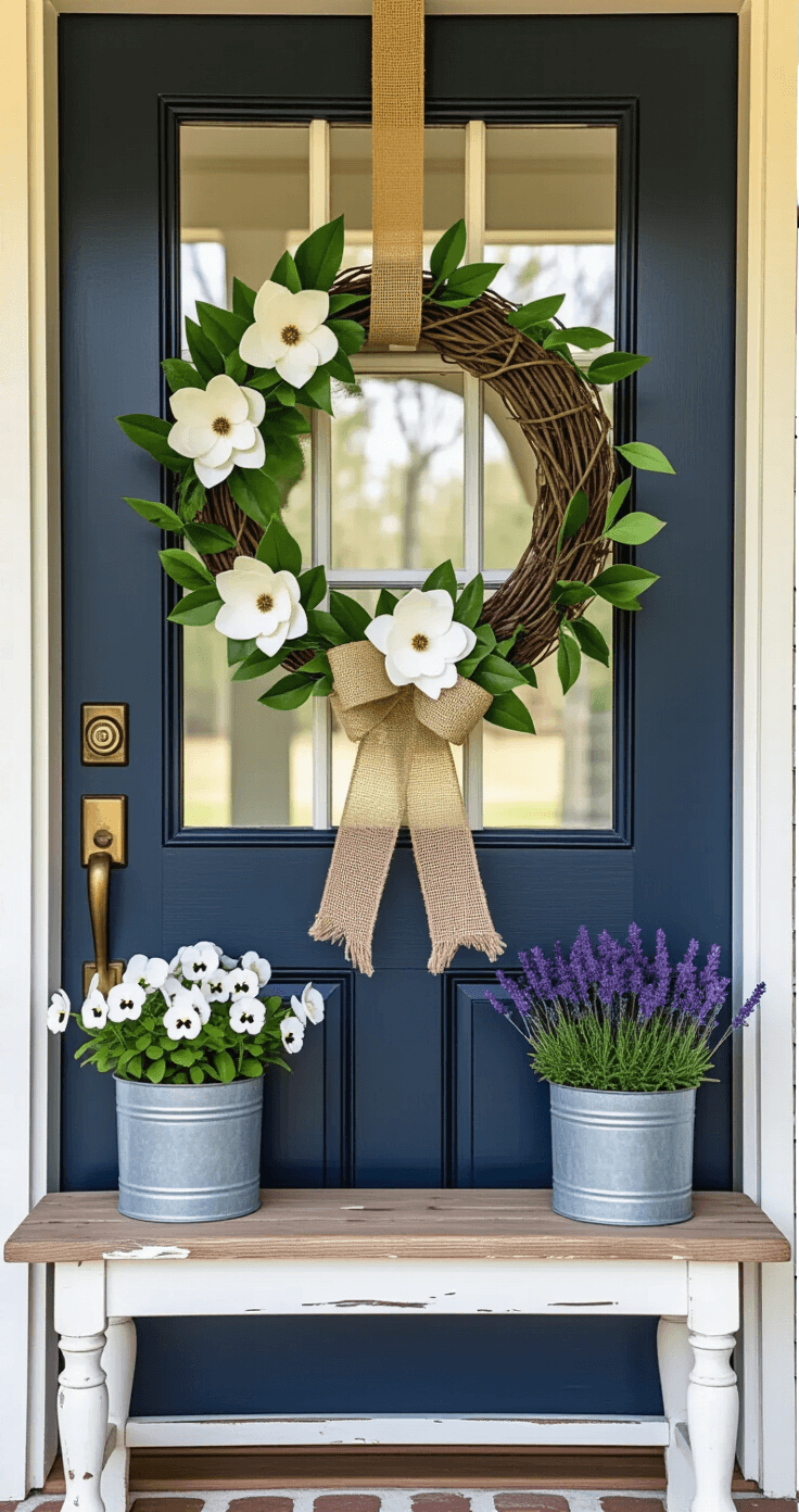 An elegant farmhouse entryway features a rustic grapevine wreath with white magnolia blooms and boxwood sprigs, hanging on a deep navy blue door. The scene is illuminated by soft morning light, contrasting with cream-colored brick walls. A distressed wooden bench holds a galvanized metal planter with white pansies and purple lavender. Small white ceramic birds are nestled in the greenery, enhancing the rustic charm.