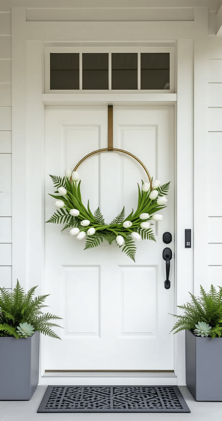 A sleek brass hoop wreath with white tulip stems and fern fronds adorns a minimalist white front door, surrounded by clean lines and black window trim, featuring smooth concrete planters with white succulents and a charcoal gray geometric doormat, all captured in soft overcast light.
