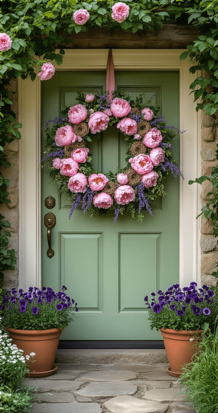 A romantic cottage entrance featuring a lush 28-inch floral wreath with pink peonies and lavender on a sage green door, surrounded by climbing roses, terracotta pots of purple pansies and white alyssum, all bathed in warm golden light.