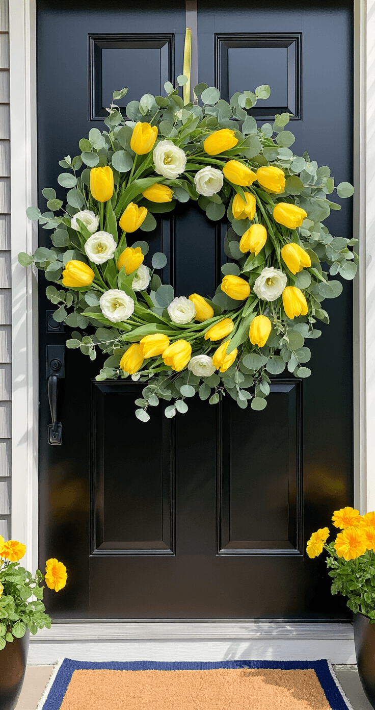 A spring-to-summer wreath featuring a eucalyptus base adorned with yellow tulips and white ranunculus, hanging on a glossy black door. Bright yellow grosgrain ribbon and decorative lemons add seasonal touches, while a navy and white striped doormat complements nearby marigold and petunia planters. Shot from a slight downward angle, showcasing the wreath's vibrant colors and seasonal transition.