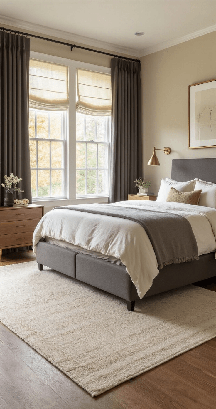 Photorealistic master bedroom showcasing a luxurious king-size bed with adjustable base, flanked by coordinating walnut bedside tables and brass swing-arm lamps, illuminated by golden hour light through layered window treatments, set against warm taupe walls and hardwood floors with a cream wool rug.