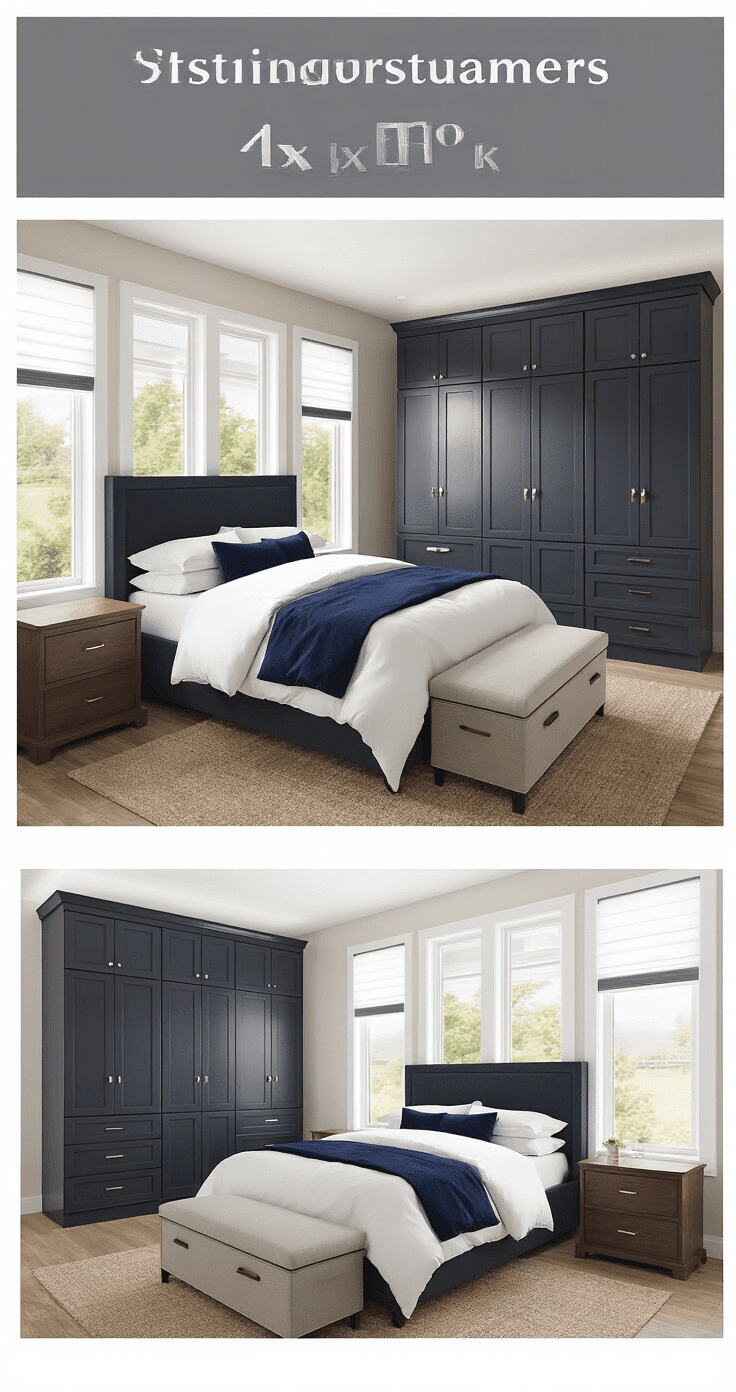 Photorealistic master bedroom featuring dual storage solutions, floor-to-ceiling charcoal wardrobes, matching dark walnut dressers, under-bed storage, and soft morning light through smart blinds, showcasing a clean and organized luxury aesthetic with personalized zones.