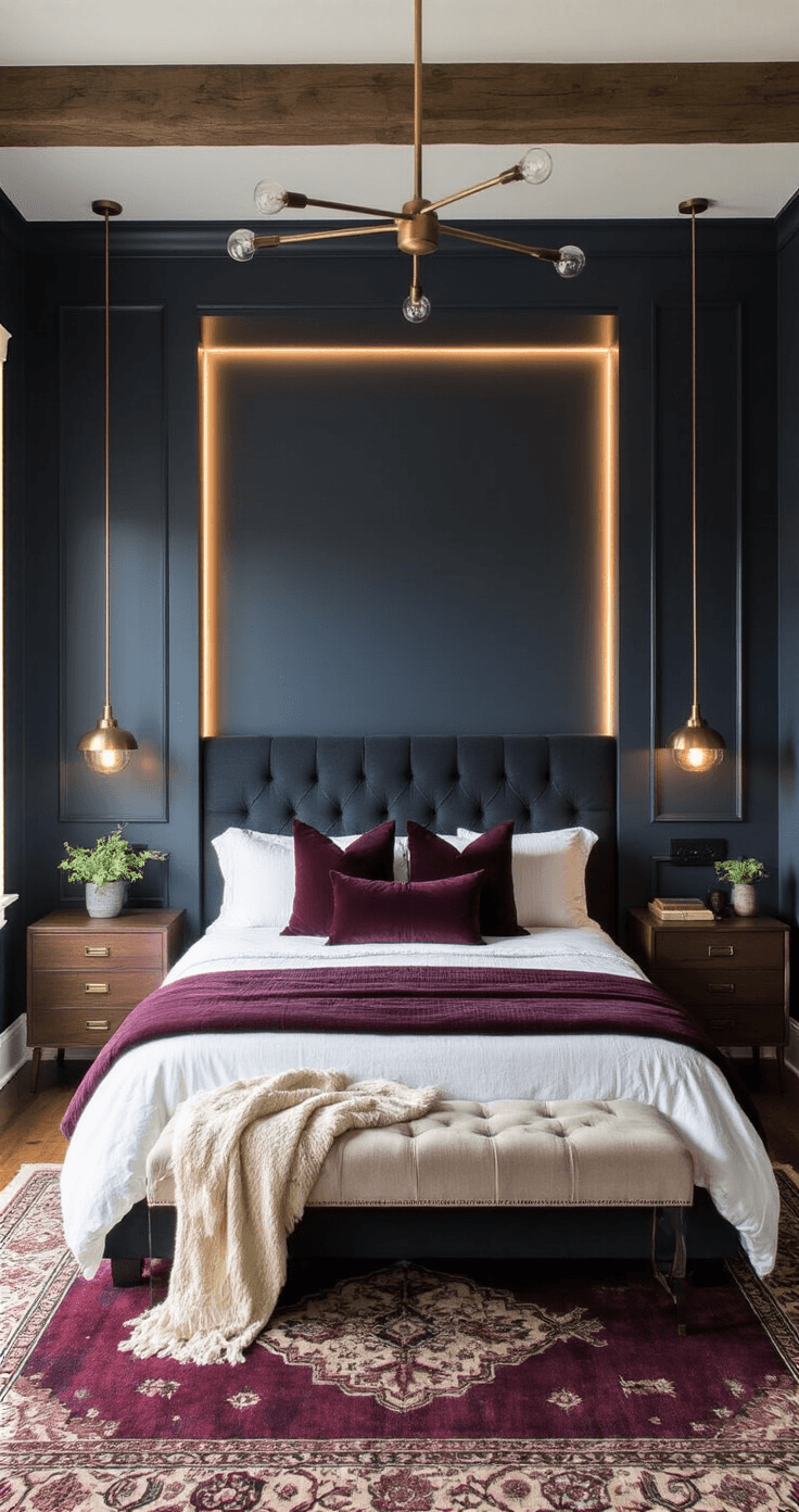 Moody bedroom interior featuring deep navy and warm dark grey walls, exposed charcoal ceiling beams, layered lighting, rich textures with burgundy and cream accents, dark wood nightstands, and a cozy atmosphere.