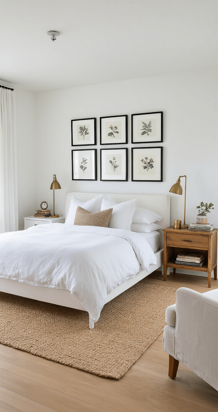 Bright airy bedroom blending minimalist and maximalist styles, featuring a clean-lined platform bed with white linen bedding, two contrasting nightstands, a gallery wall with botanical prints and vintage photography, a large jute rug, and a single accent chair, all illuminated by mid-morning light.