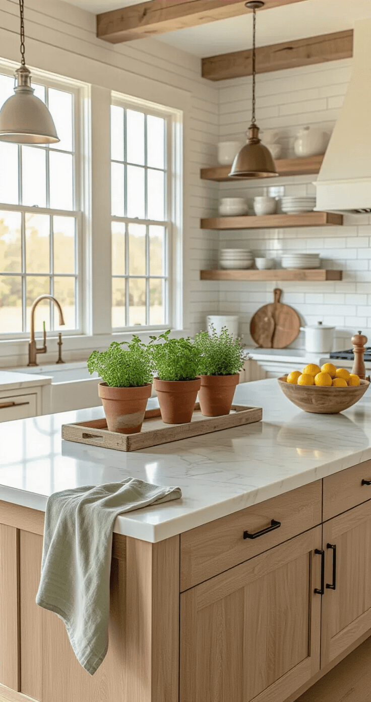 Spacious modern farmhouse kitchen with honey-colored hardwood floors and white shiplap walls, featuring a marble-topped island adorned with terracotta herb pots, a wooden bowl of lemons, and a brass pepper mill, illuminated by golden hour light through large windows.