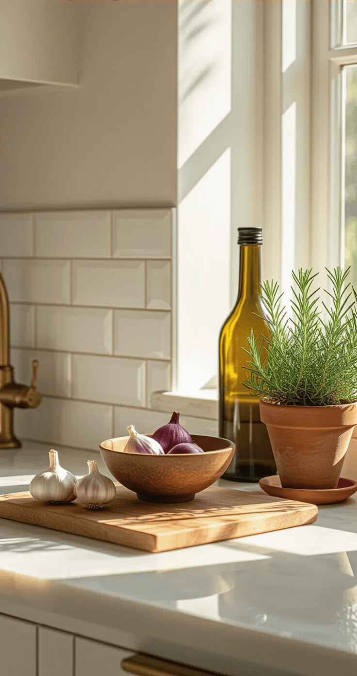 A cozy kitchen corner vignette showcasing a tall glass olive oil bottle, a medium wooden bowl with garlic and shallots, and a small terracotta pot of rosemary, all against warm white textured walls and cream subway tiles, with contrasting textures and natural shadows.