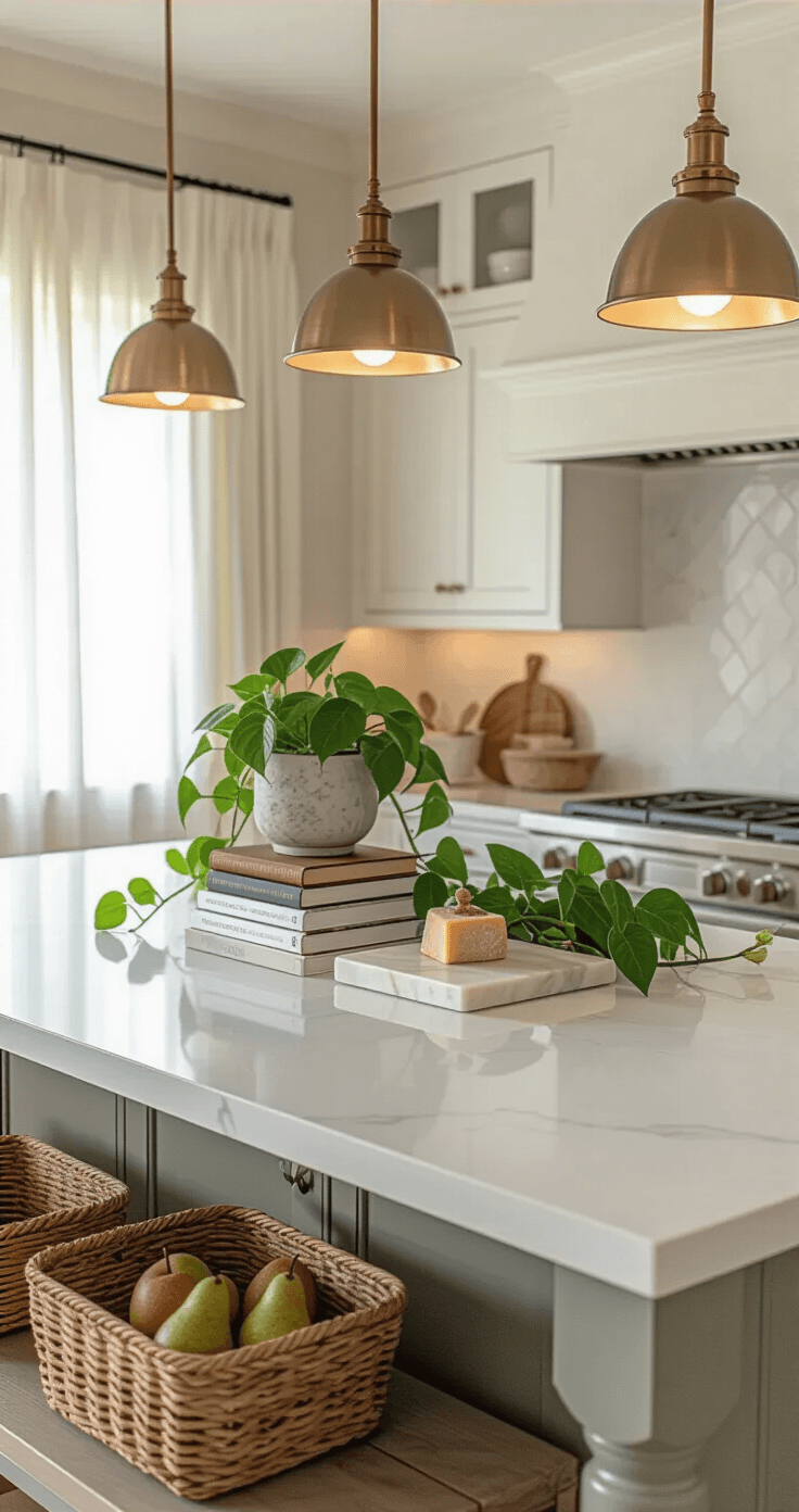 Elegant kitchen island styled for entertaining, featuring a large white quartz surface with waterfall edges, vintage cookbooks, a pothos plant, a marble cheese board, and a basket of seasonal pears, all illuminated by warm brass pendant lights in a softly lit space with white cabinetry and sage accents.