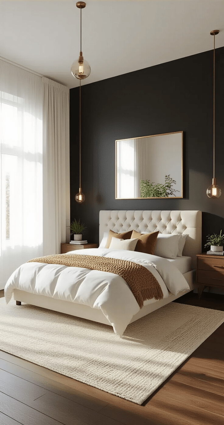 Photorealistic interior of a modern bedroom featuring a charcoal black accent wall, a king-sized tufted velvet bed, warm golden hour sunlight through sheer curtains, polished hardwood floors, and a cream area rug. Decor includes walnut nightstands with brass lamps, layered white bedding with a camel throw, a large brass-framed mirror, and Edison bulb pendant lights, creating a luxurious yet cozy atmosphere.