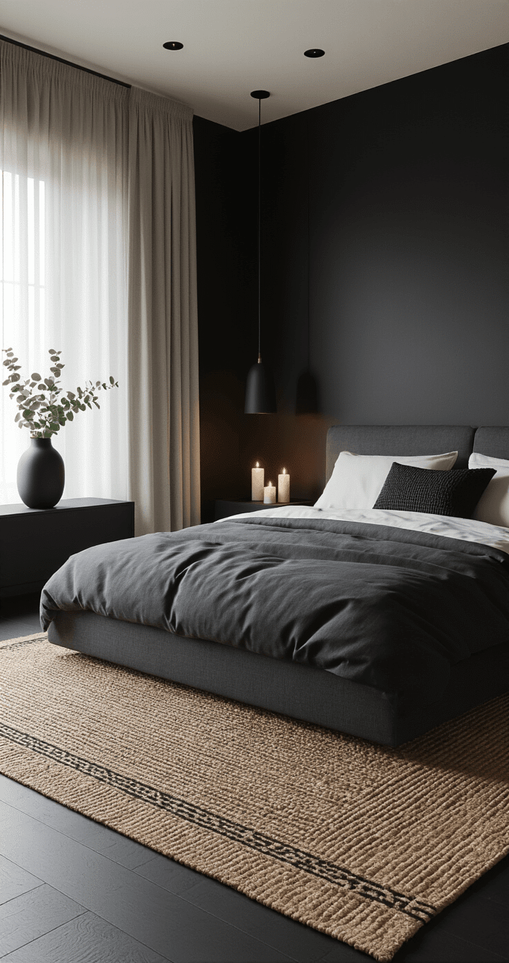 Photorealistic black bedroom sanctuary with deep matte black walls, soft morning light filtering through linen curtains, low-profile charcoal upholstered bed, warm LED table lamps, flickering candles, and textural elements like a boucle pillow, satin duvet, jute rug, and fresh eucalyptus in a matte black vase, captured from a corner angle.