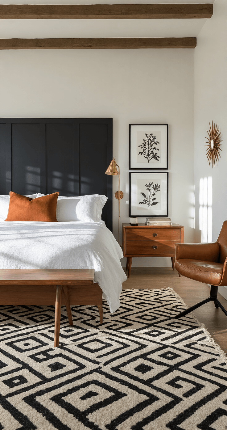 A photorealistic mid-century modern bedroom with a black painted headboard wall, warm white walls, and afternoon sunlight casting shadows. Features a walnut platform bed, tapered-leg nightstands, a black and white geometric rug, and a vintage leather armchair in cognac brown. The gallery wall showcases black-framed botanical prints, while brass fixtures add warmth. Bedding includes white percale sheets, a natural beige linen duvet, and rust-colored accent pillows, highlighting the contrast of dark and light elements.