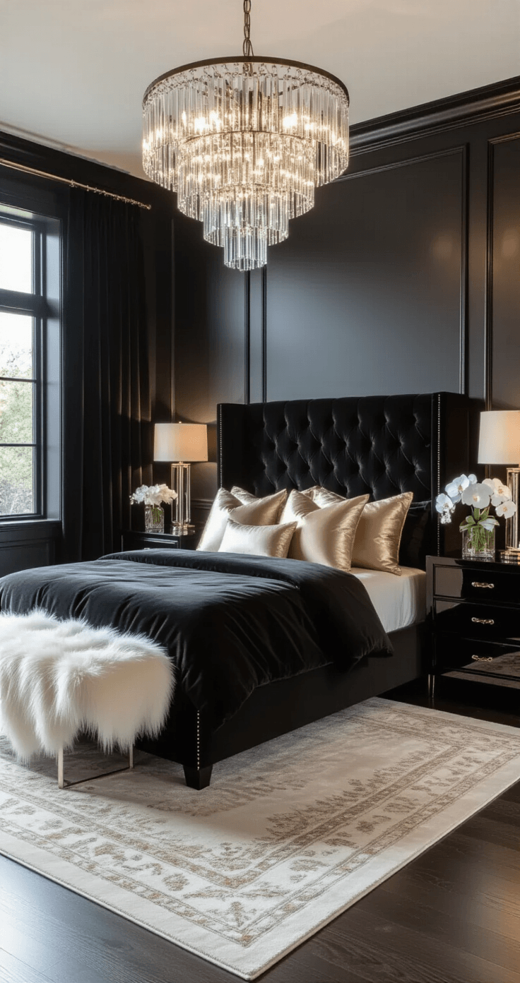 Photorealistic black bedroom featuring a velvet-upholstered bed, crystal chandelier, mirrored nightstands, and luxurious textures, evoking old Hollywood glamour with contemporary sophistication.
